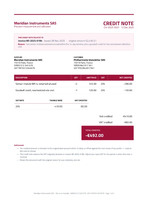 Credit note, first page