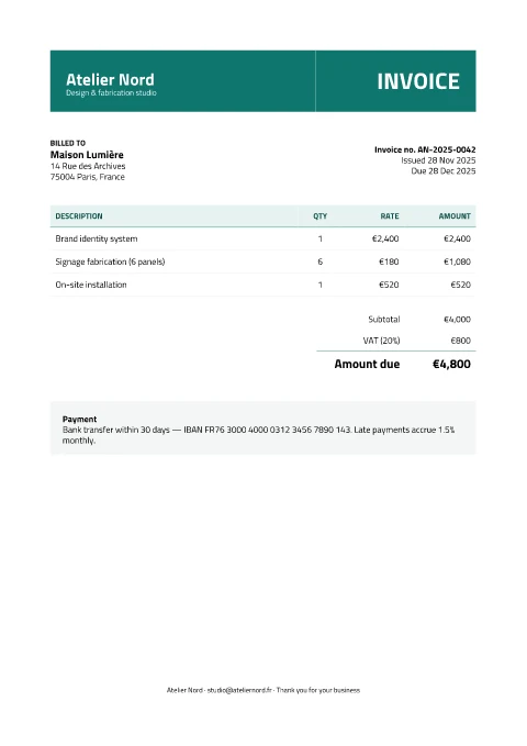 Starter invoice, first page