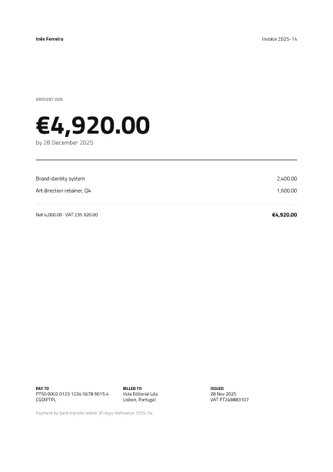 Minimal invoice, first page