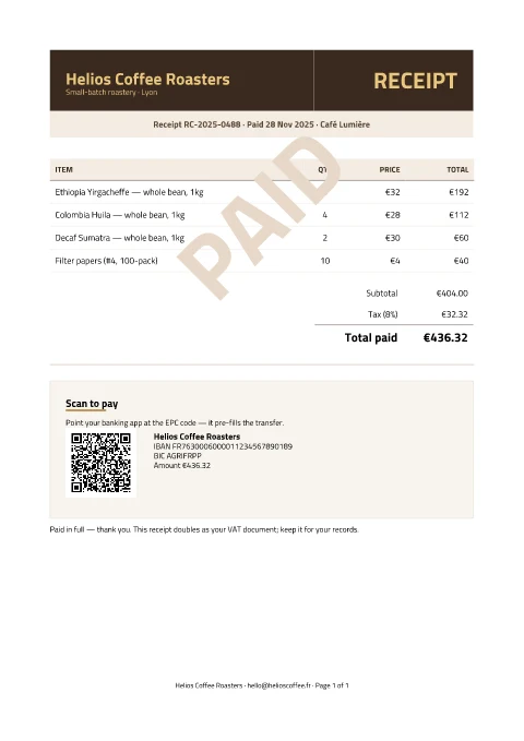 Receipt, first page